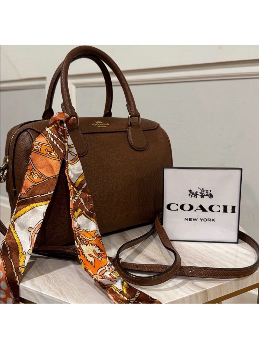 Coach Mini Bennett Brown Crossgrain Leather Satchel Crossbody w/ Twilly - EUC